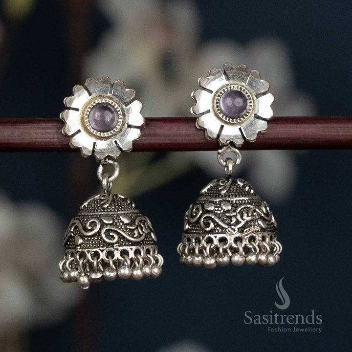 Oxidised Floral Stud Jhumka Earrings With Swirl Dome And Ball Fringe In Striking Violet Colour, Luxurious Artisan Jewellery Crafted For Grand Ethnic Looks – Sasitrends