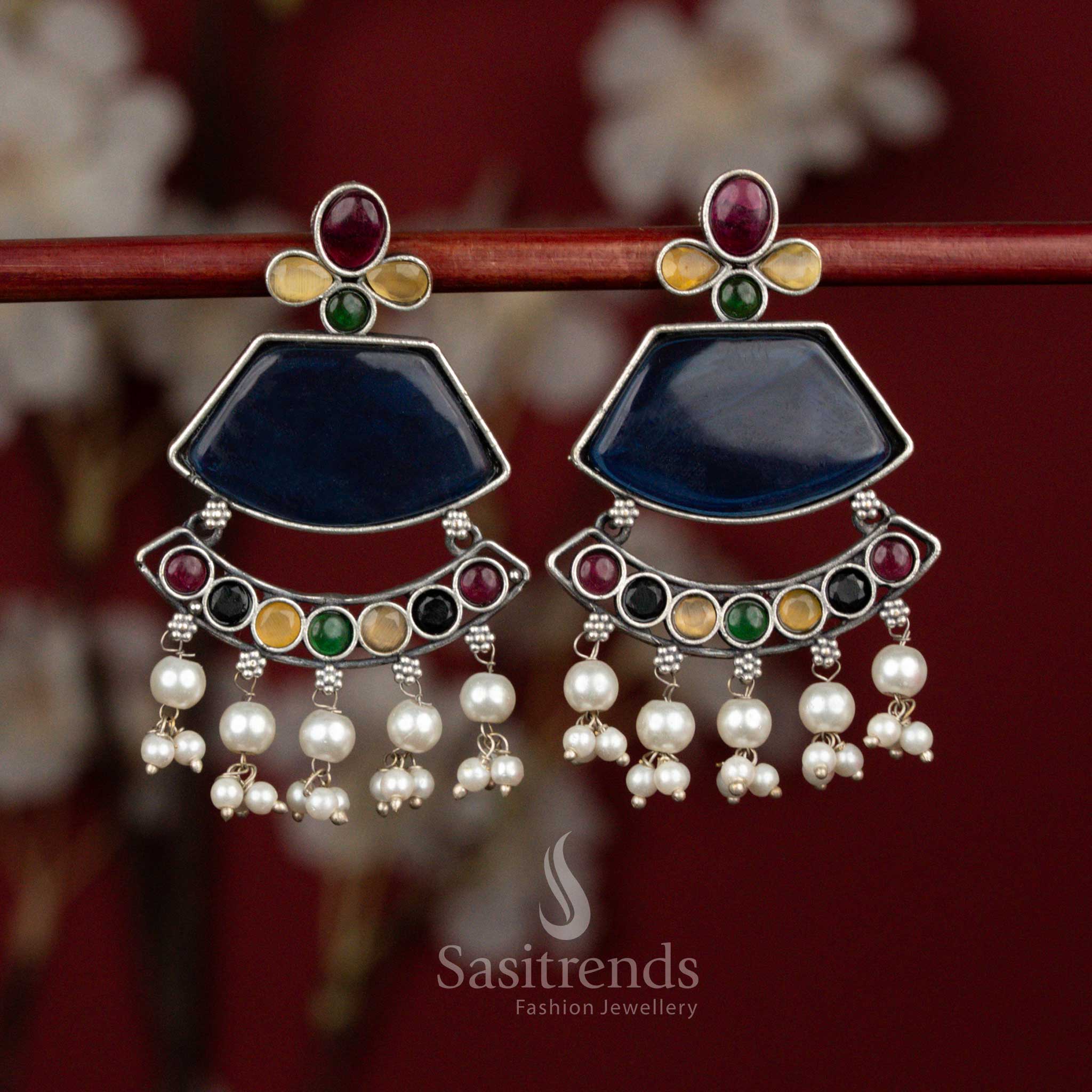 Spectrum multi oxidised silver curved crescent pearl fringe earrings for party occasions - jewellery - Sasitrends