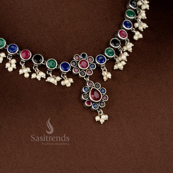 Vivid multi colour oxidised stone floral pearl drop necklace jewellery with an artisan structured design perfect for celebration sarees and cultural gatherings – Sasitrends
