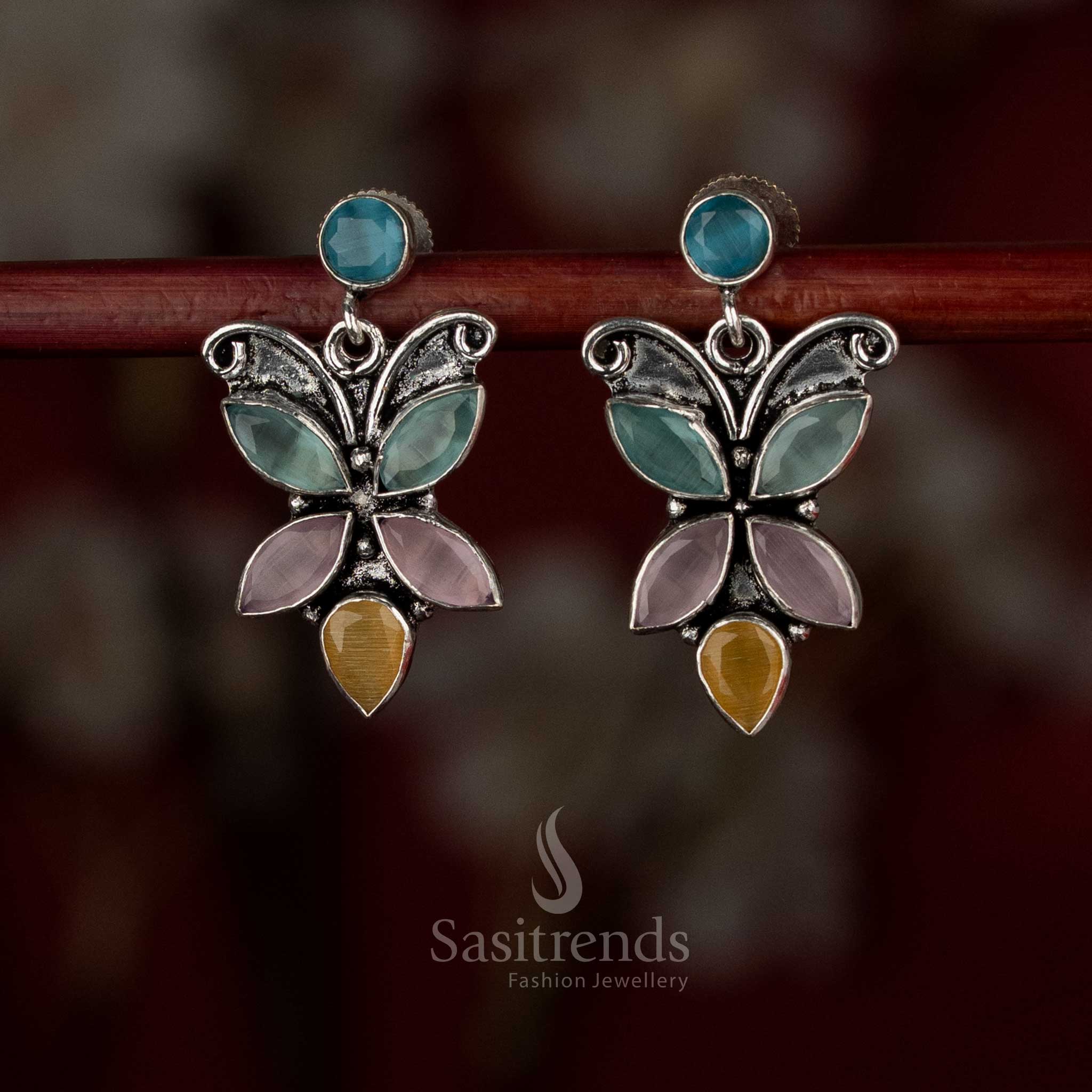 Prismatic multi oxidised butterfly earrings with dynamic shine for stylish events – Sasitrends.