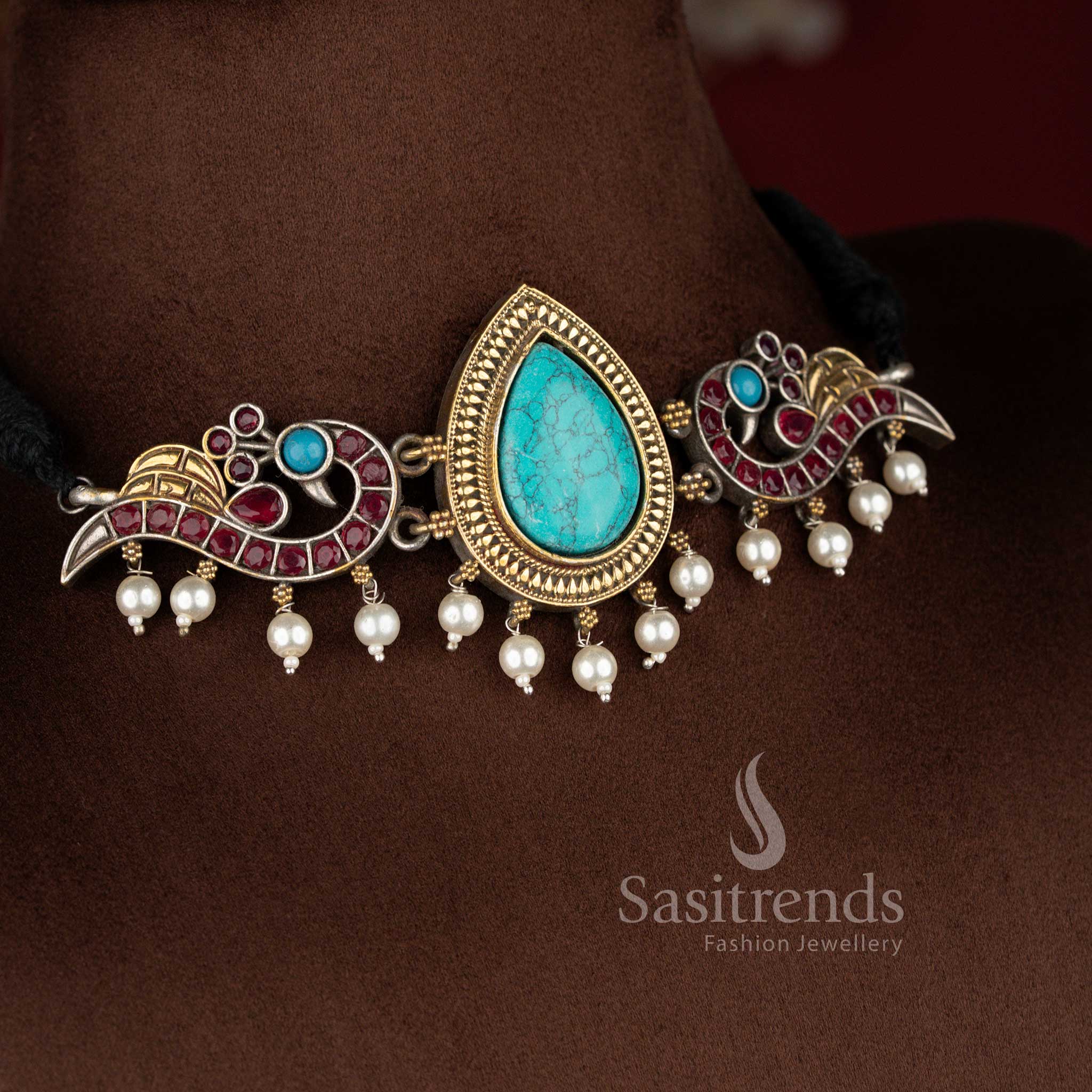 Ocean turquoise ruby antique oxidised peacock pearl choker jewellery set for standout wear – Sasitrends