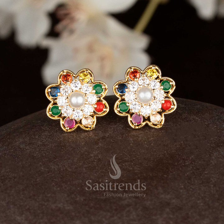 Glittering micro gold floral earrings with multi gem Navarathnam stones for traditional festive occasions - Sasitrends