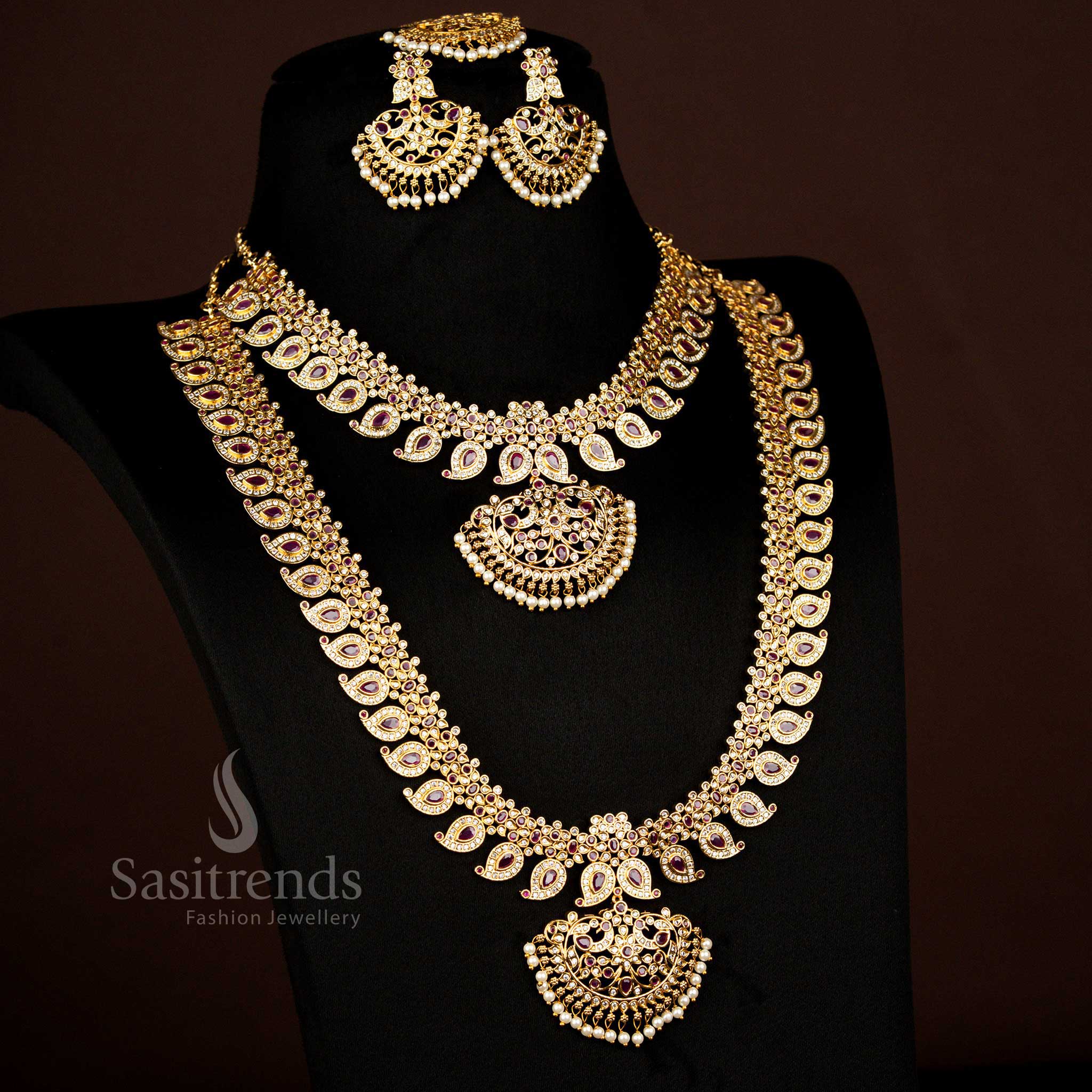 Elegant White Ruby Temple Matte Gold Combo Necklace Jewellery With Peacock Mango Design Crafted For Wedding And Bridal Wear By Sasitrends