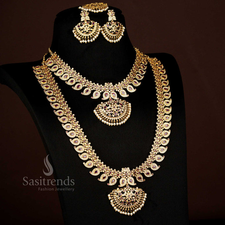 Elegant White Ruby Temple Matte Gold Combo Necklace Jewellery With Peacock Mango Design Crafted For Wedding And Bridal Wear By Sasitrends