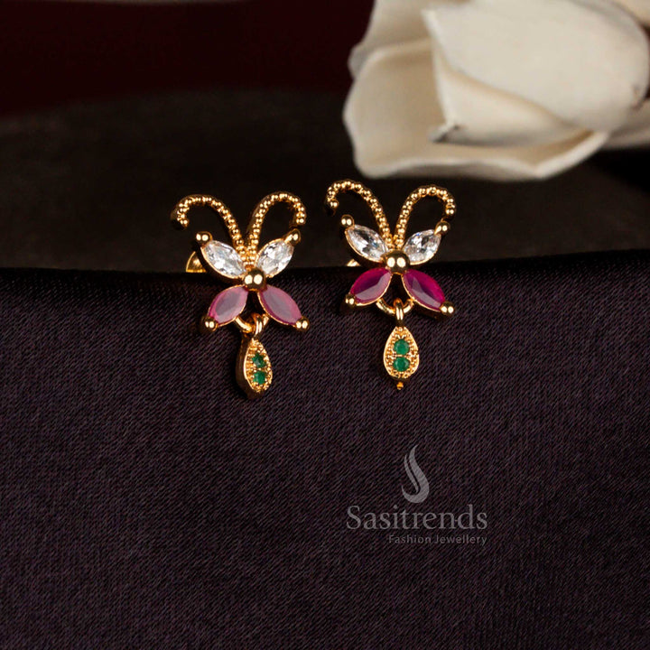 Vibrant flight multi American diamond micro gold plated butterfly dangle stud earrings ideal for celebrations, festive parties, and stylish ethnic styling – Sasitrends