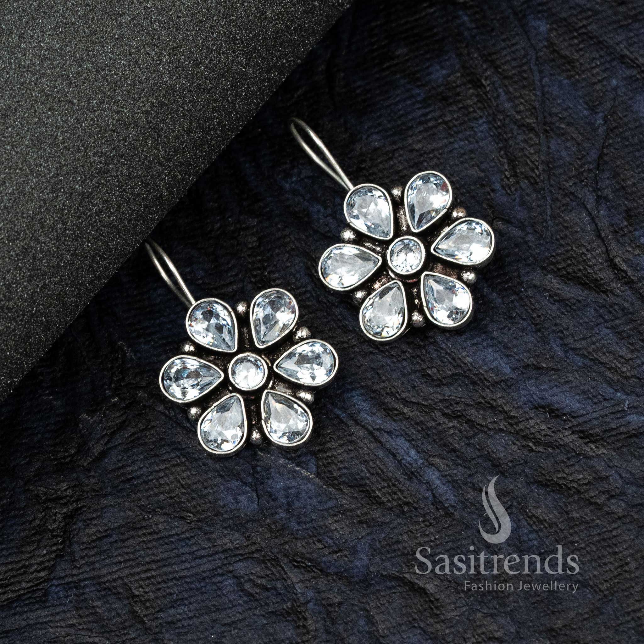 Traditional Oxidised German Silver Flower Designer AD stone studded Earrings - Sasitrends