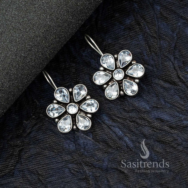 Traditional Oxidised German Silver Flower Designer AD stone studded Earrings - Sasitrends