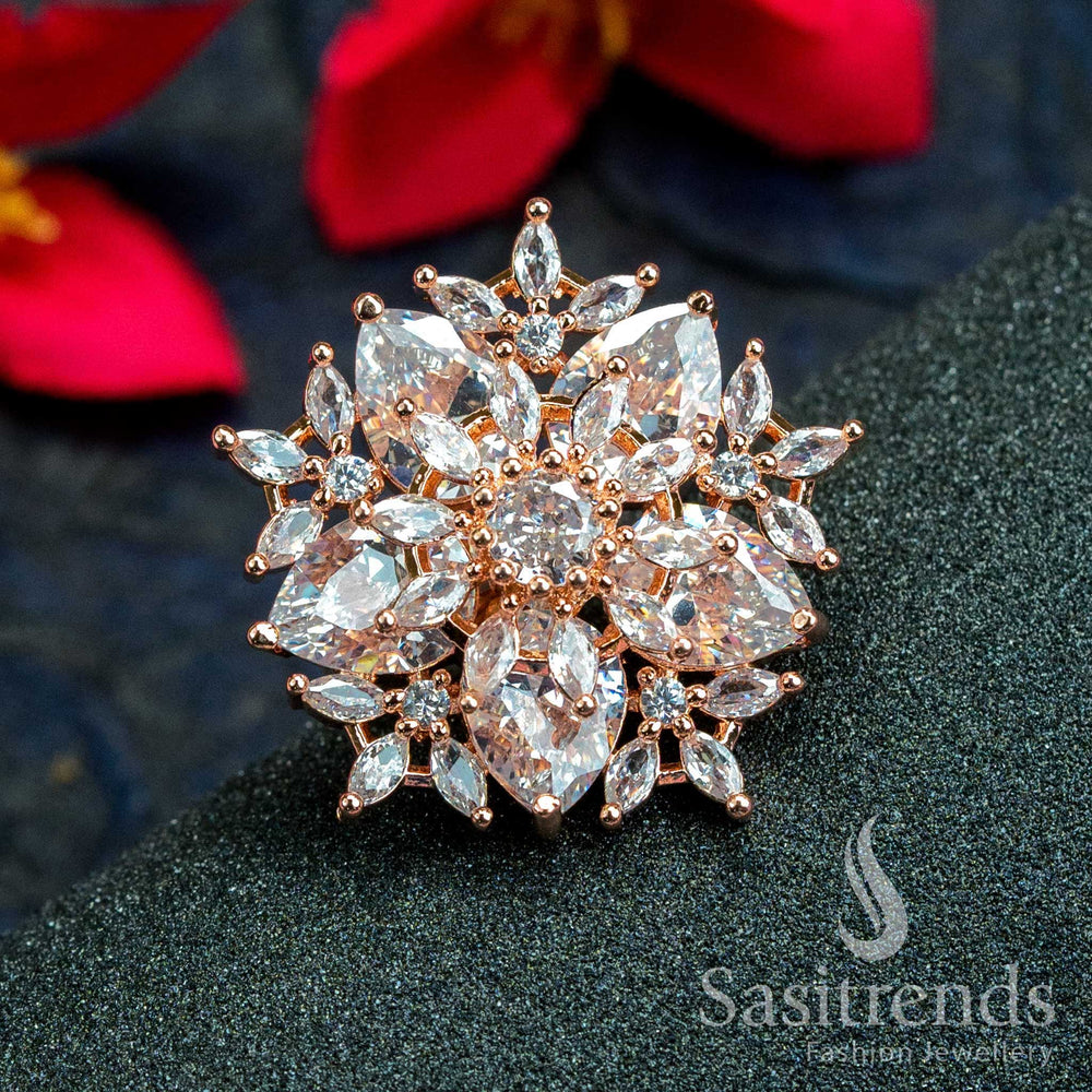 Rose Gold Plated Floral Ring with American Diamonds in Classic White - Elevate Your Style with Trendy Party Wear - Available Online Now