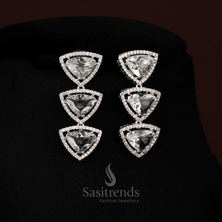 Elegant white rhodium silver triangular earrings with American Diamonds, perfect for wedding ceremonies and cultural gatherings – Sasitrends