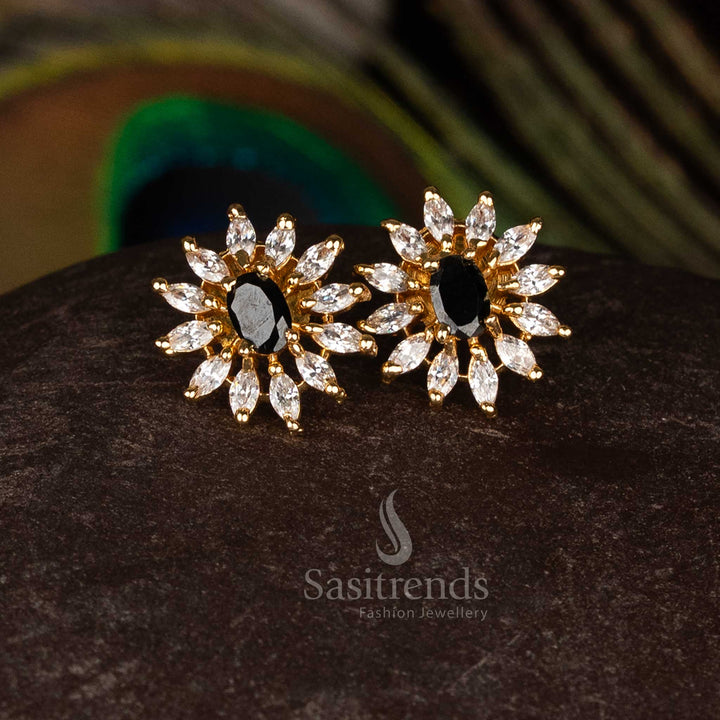 white-black flower design American Diamond micro gold plated stud earrings ideal for intricate party wear and festive styling jewellery – Sasitrends