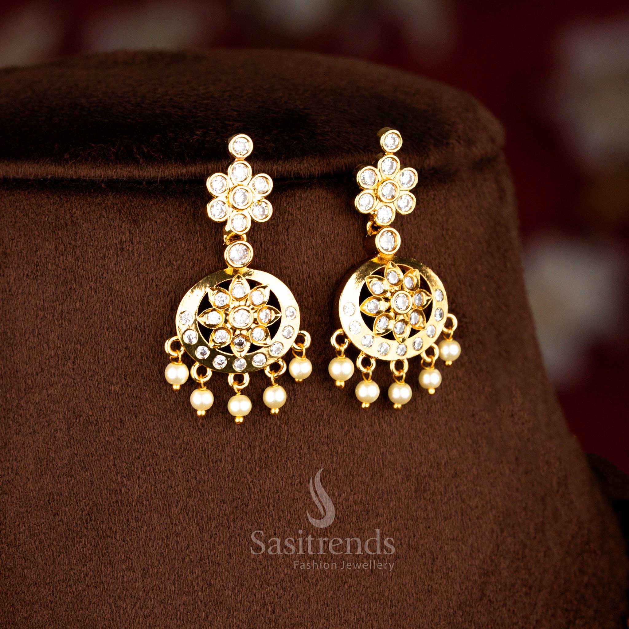 Royal white American diamond matte gold plated floral round stone traditional attigai necklace and earrings set designed for receptions, festivals and ceremonial traditional wear – Sasitrends