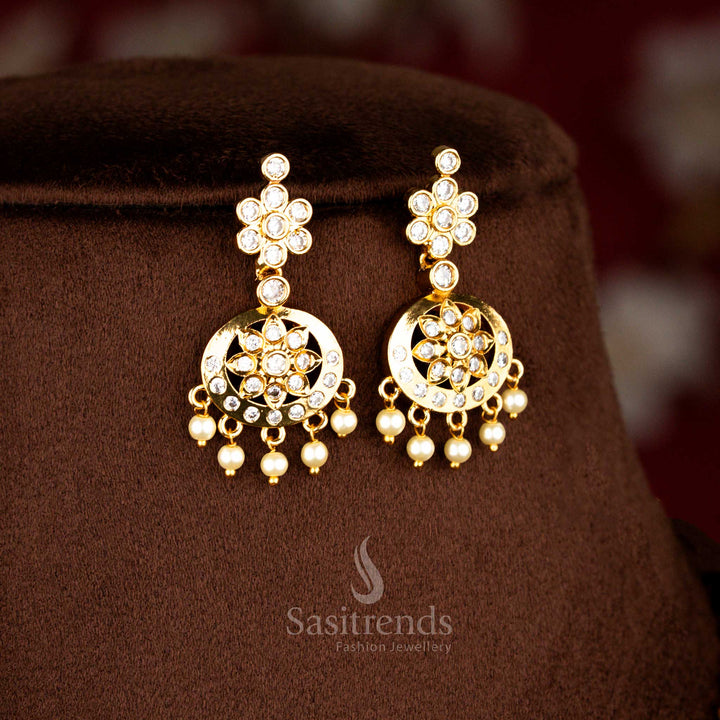 Royal white American diamond matte gold plated floral round stone traditional attigai necklace and earrings set designed for receptions, festivals and ceremonial traditional wear – Sasitrends