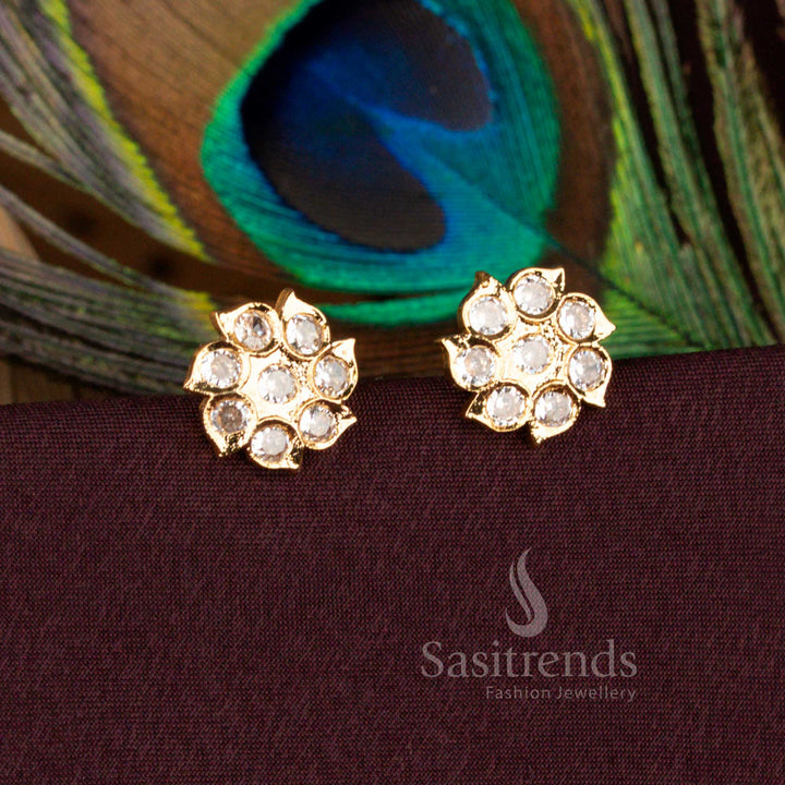 Elegant White Flower AD Stone Stud Earrings In One Gram Micro Gold Plated Impon Addigai Screw Back Style – Sasitrends