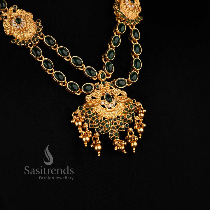 Dual peacock classic matte gold plated necklace in white-green with oval and teardrop stones, golden beads for traditional festive jewellery styling – Sasitrends