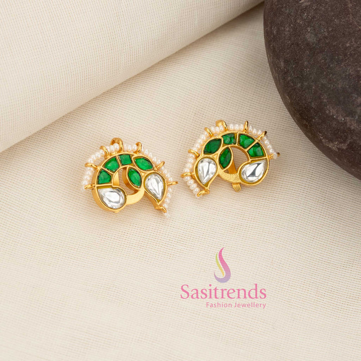 Graceful white-green peacock-face crescent Kundan bugadi earcuff with pearl fringe suited for South Indian heritage ceremonial and festive jewellery – Sasitrends
