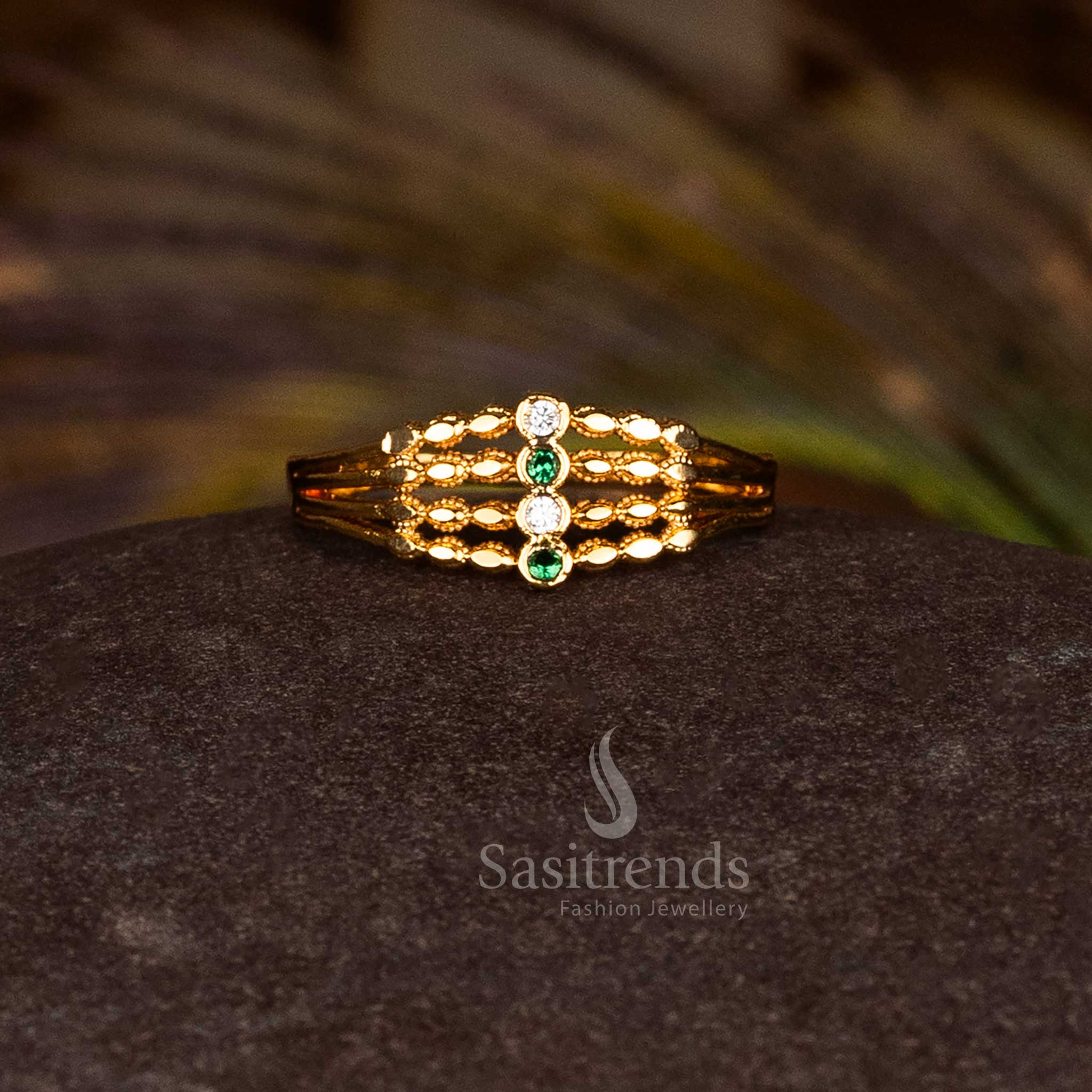 Majestic White-Green Micro Gold Plated AD 4 Step Ring, Designed for Ethnic Festive Wear and Traditional Jewellery Occasions – Sasitrends
