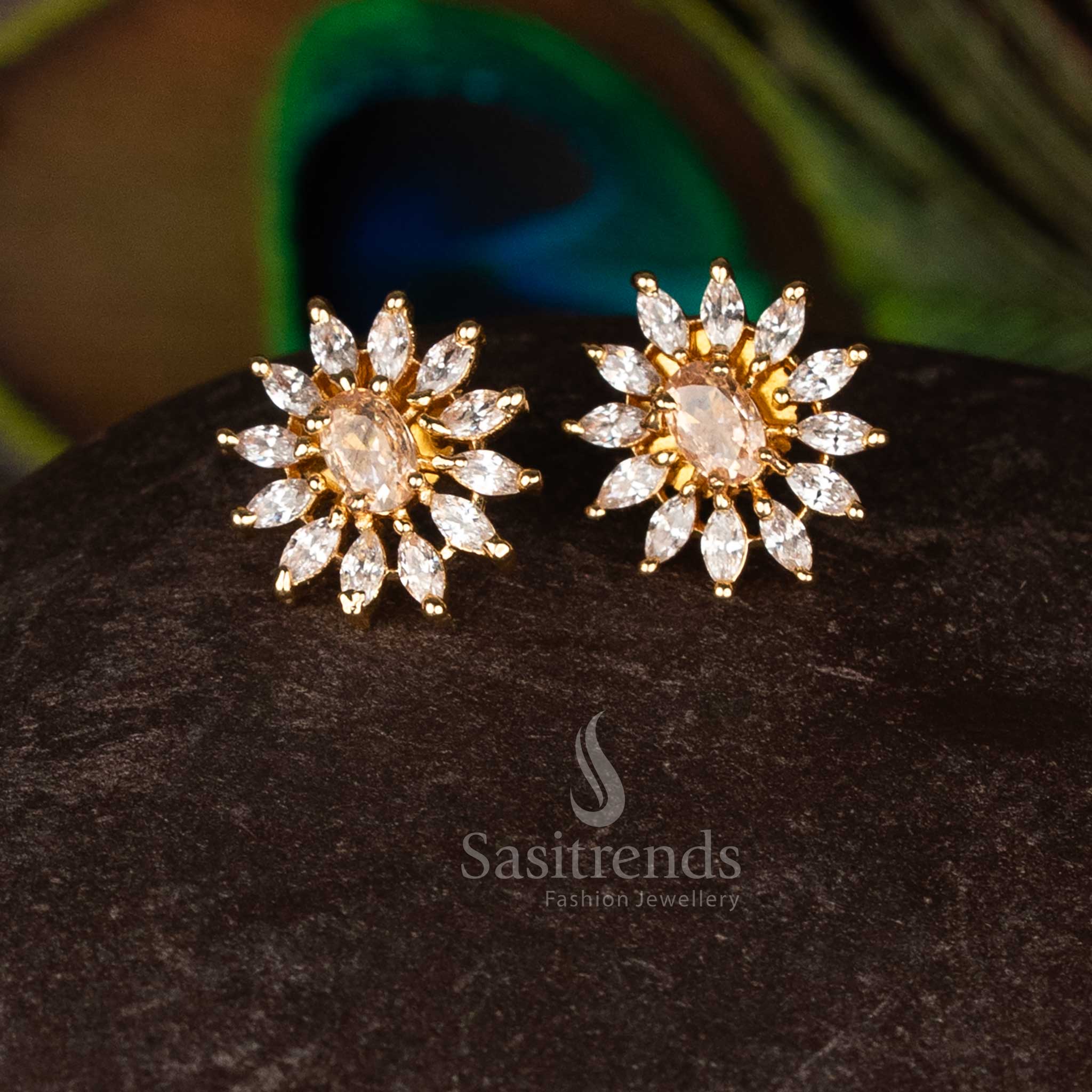 Stunning white-honey flower design American Diamond micro gold plated stud earrings perfect for intricate party wear jewellery – Sasitrends