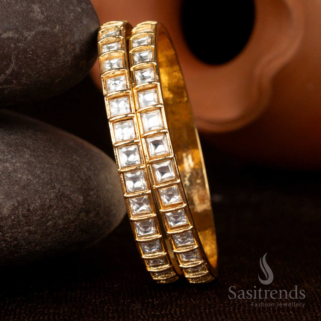 Elegant White Micro Gold Plated Jadau Kundan Square Bangles, Ideal For Wedding, Party, And Celebration Occasions – Sasitrends