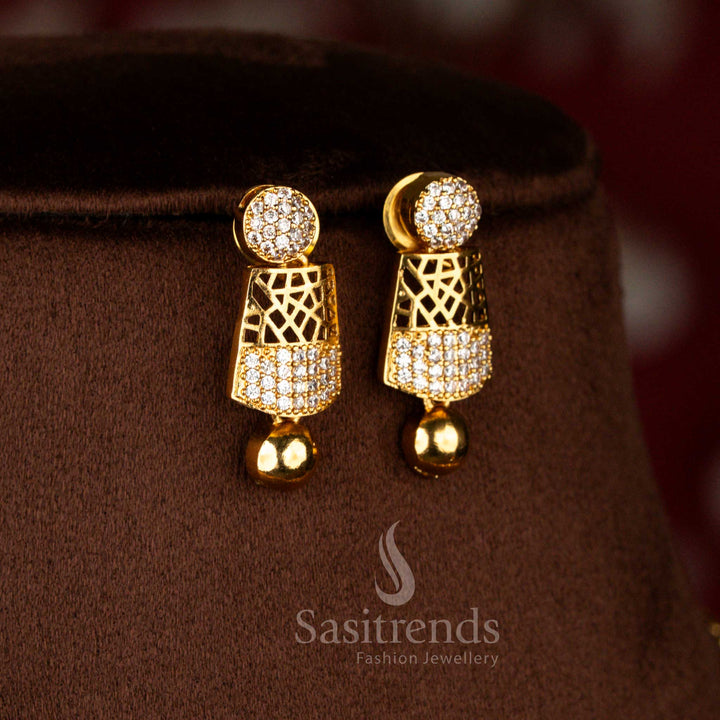 Modern geometric square motif earrings crafted with matte gold polish and white American diamond stone detailing – Sasitrends