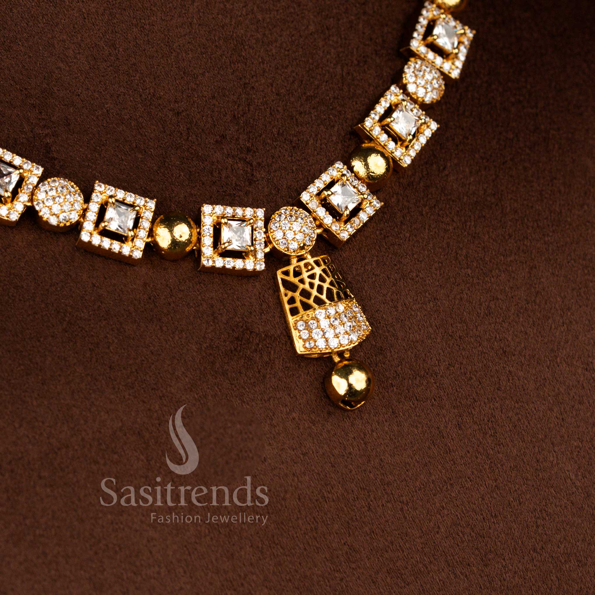 American diamond matte gold plated geometric square motif necklace finished in pristine white stone tone for festive gatherings – Sasitrends
