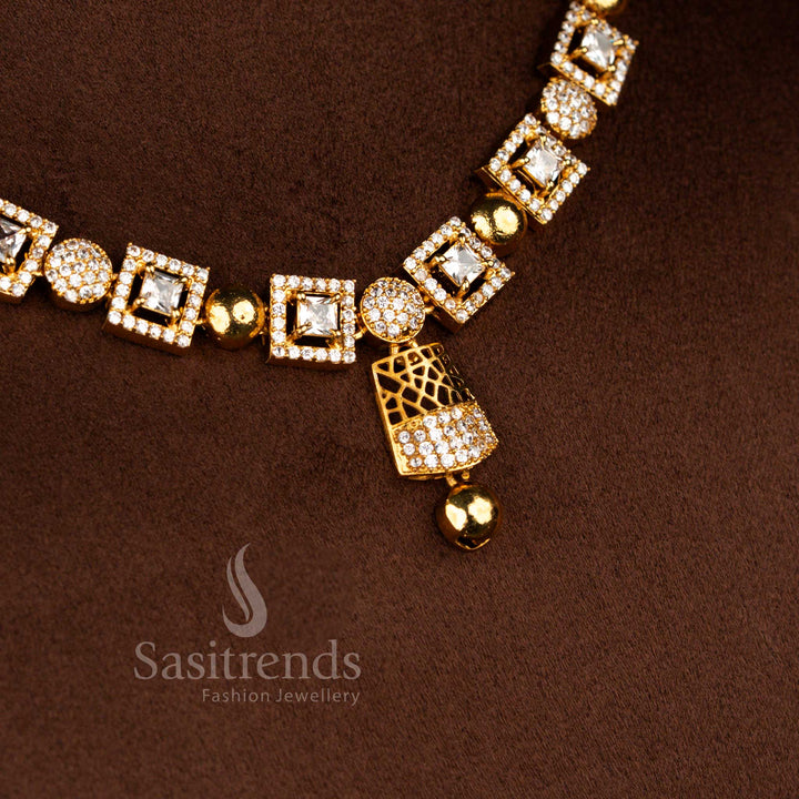 American diamond matte gold plated geometric square motif necklace finished in pristine white stone tone for festive gatherings – Sasitrends