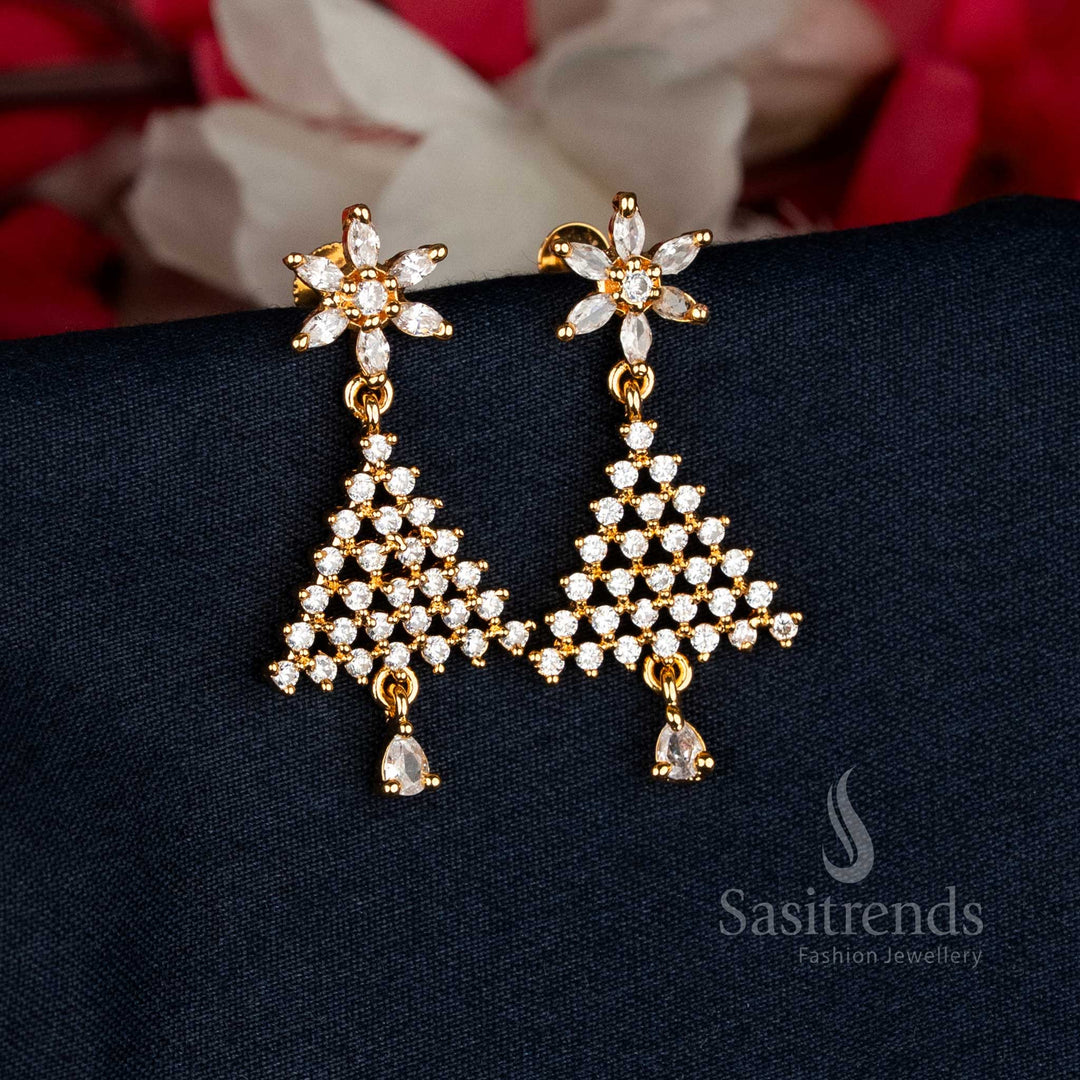 Elegant White Micro Gold Plated AD Stone Floral Triangular Pattern Stud Earrings crafted with a classic temple-inspired design, radiating graceful charm and real gold brilliance for festive elegance — Sasitrends
