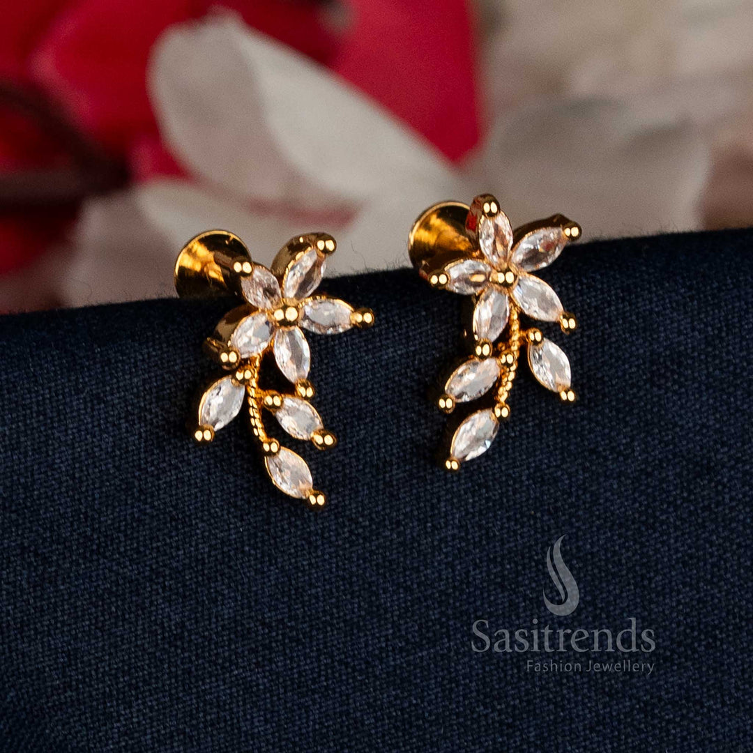 Radiant white micro gold plated AD stone marquise floral vine stud earrings with real gold shine for elegant traditional and formal occasions – Sasitrends