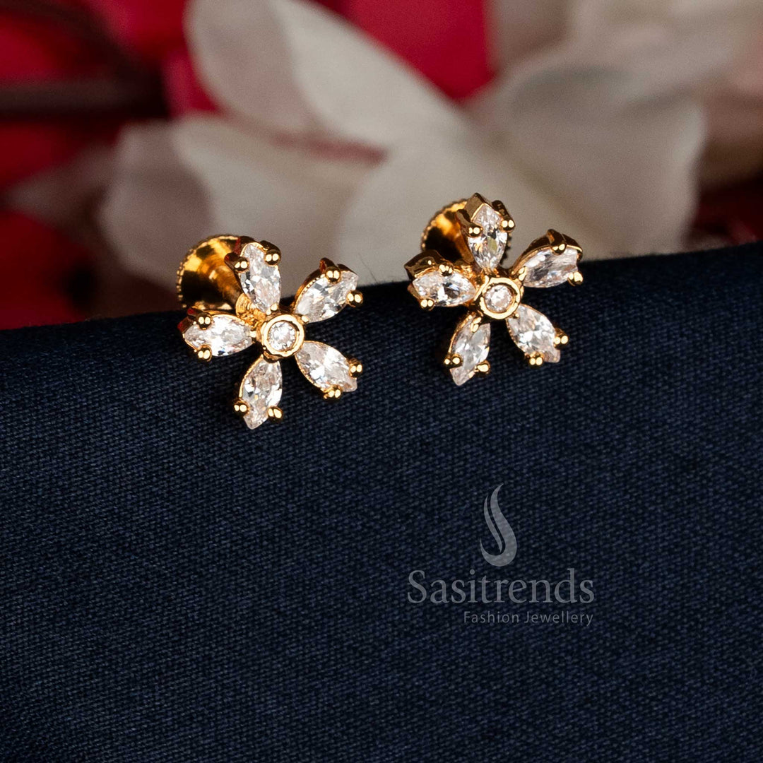 Elegant White Micro Gold Plated AD Stone Floral Stud Earrings featuring fine craftsmanship and intricate detailing, bringing a radiant real gold look ideal for weddings and festive events — Sasitrends