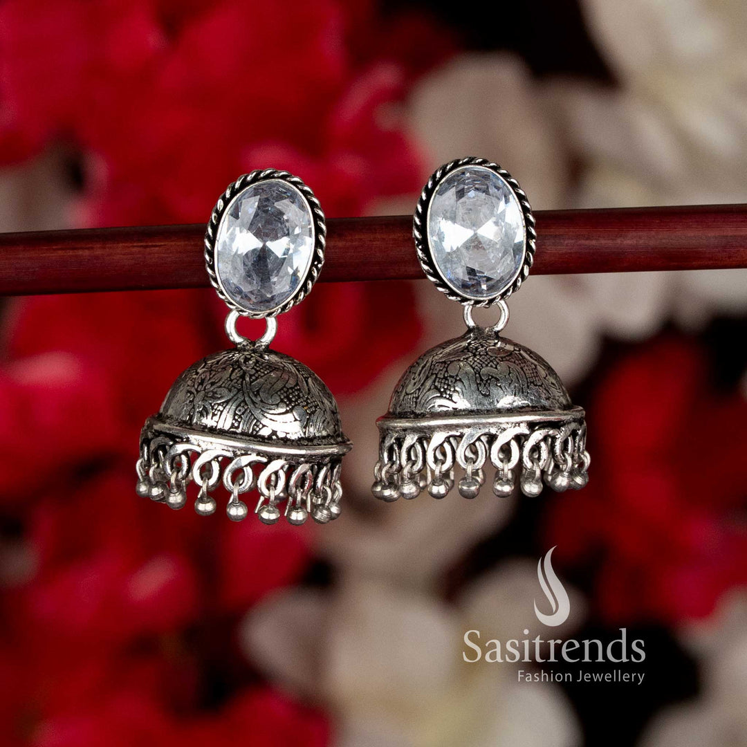 Charming white oxidised oval stone jhumka earrings featuring graceful bead hangings, perfect for Navaratri gatherings and ethnic evening style by Sasitrends