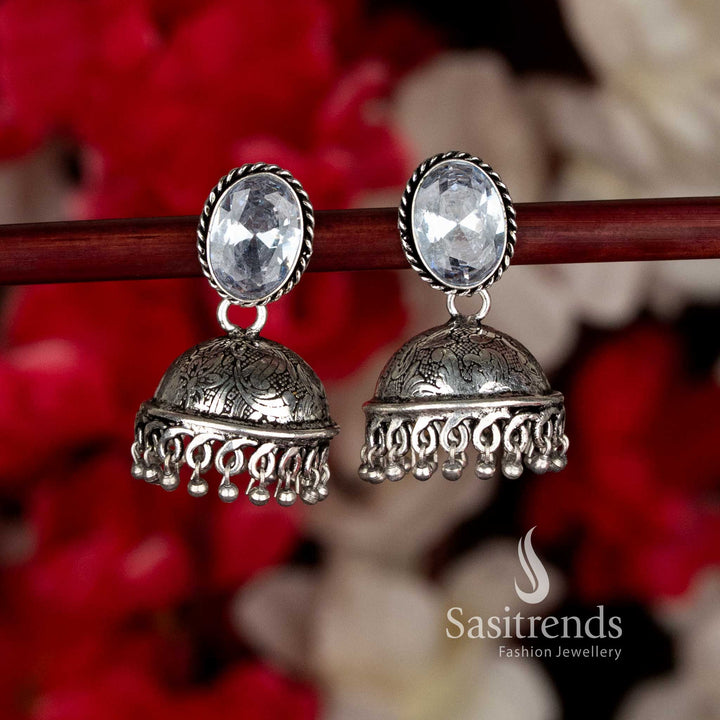 Oxidised Oval Stone Jhumka Earrings with Hanging Beads – Ethnic Heritage Design