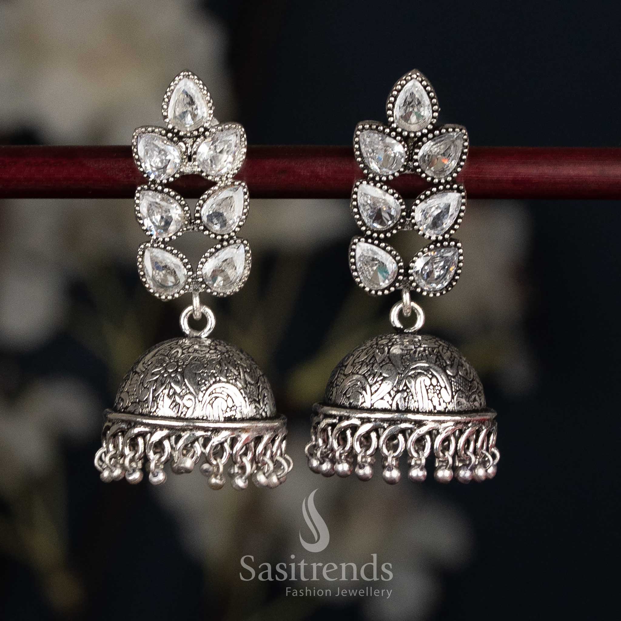 Pure white oxidised petal cluster stud jhumka earrings with textured dome for spiritual traditional wear - Sasitrends