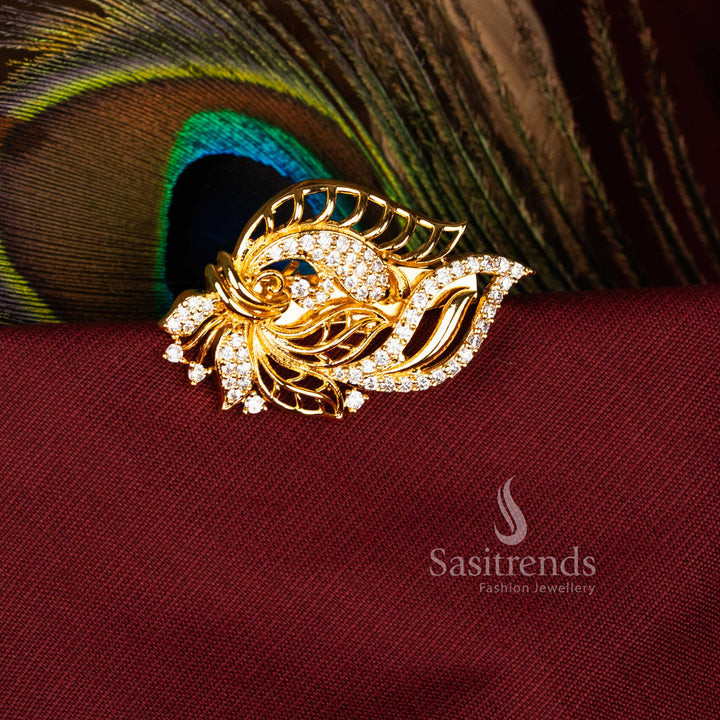 Beautiful American Diamond Ornate Foliate Peacock Scroll Saree Pin with Micro Gold and Mahendi Finish for Bridal, Festive Wear
