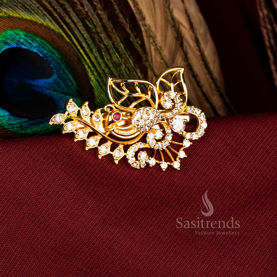 Elegant American Diamond Leaf Floral Peacock Saree Pin in White with Micro Gold Finish, Perfect for Exclusive Bridal and Festive Jewellery – Sasitrends