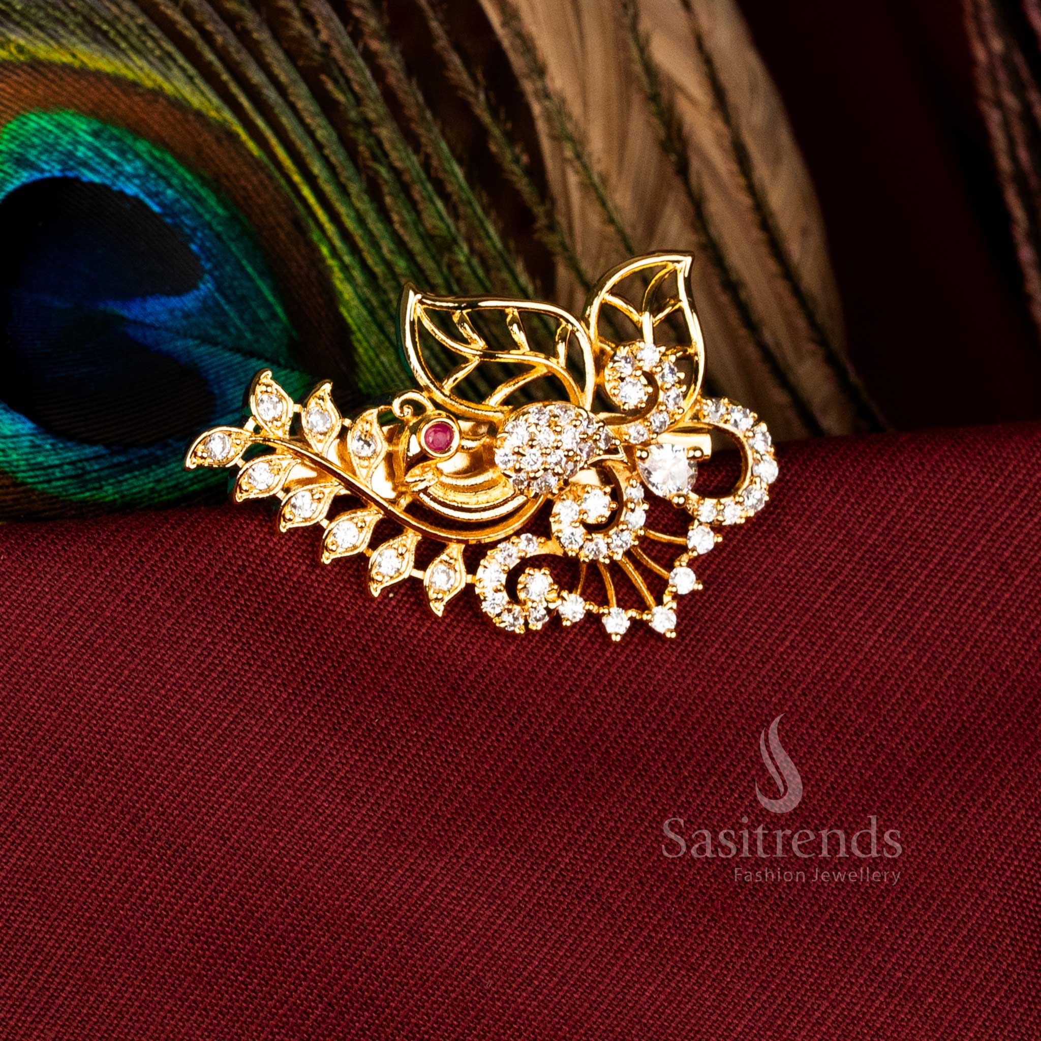 Elegant American Diamond Leaf Floral Peacock Saree Pin in White with Micro Gold Finish, Perfect for Exclusive Bridal and Festive Jewellery – Sasitrends