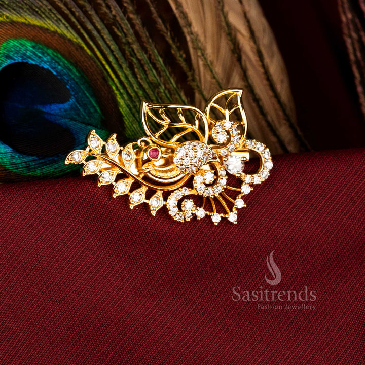 Elegant American Diamond Leaf Floral Peacock Saree Pin with Micro Gold and Mahendi Finish for Bridal, Festive Wear