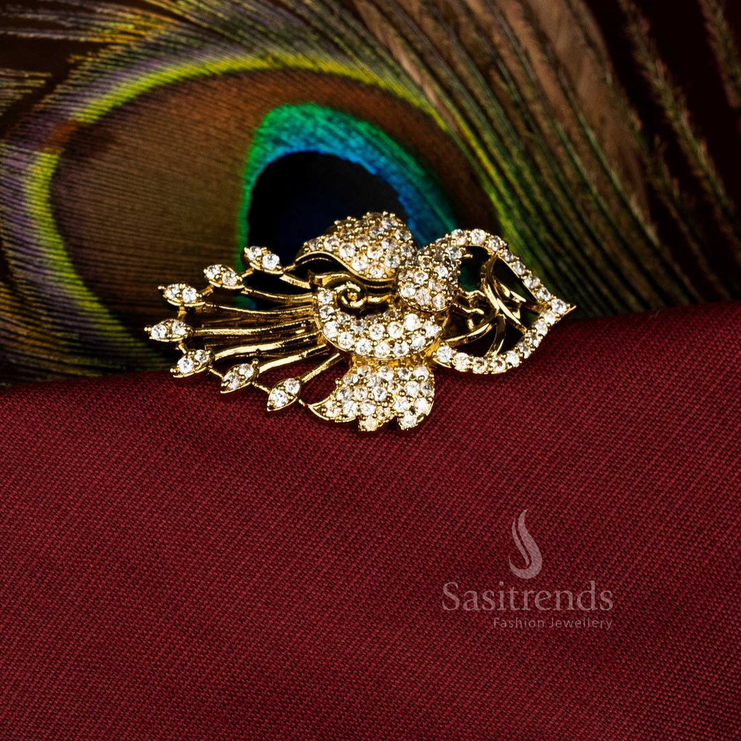 Majestic White American Diamond Peacock Saree Pin with Feathered Motif and Mahendi Finish, Perfect for Bridal and Festival Jewellery – Sasitrends