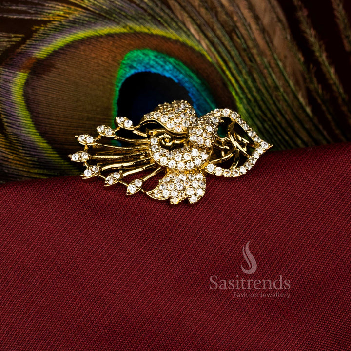 Regal American Diamond Peacock Saree Pin with Feathered Motif - Mahendi Finish for Bridal, Festive Wear