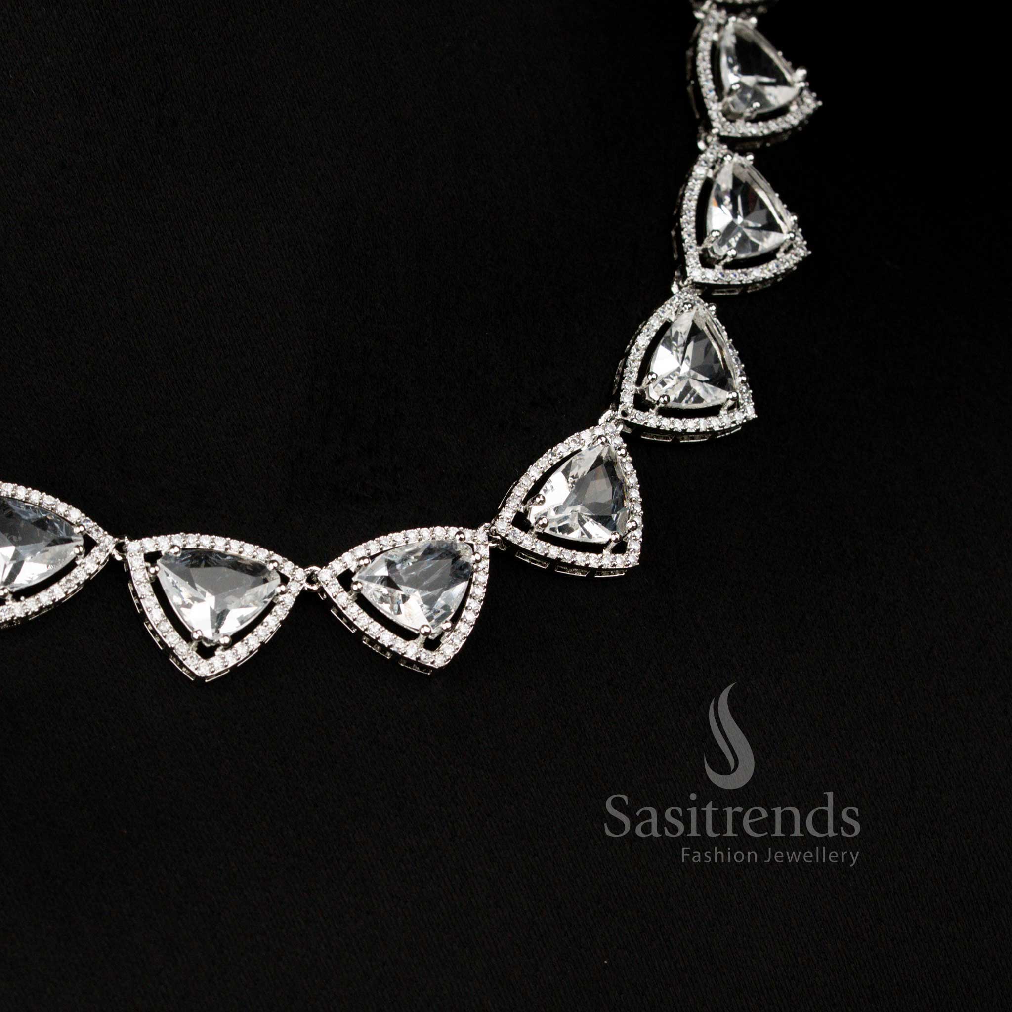 Graceful white rhodium silver plated triangular necklace set with sparkling American Diamonds, ideal for wedding celebrations – Sasitrends