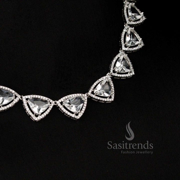 Graceful white rhodium silver plated triangular necklace set with sparkling American Diamonds, ideal for wedding celebrations – Sasitrends