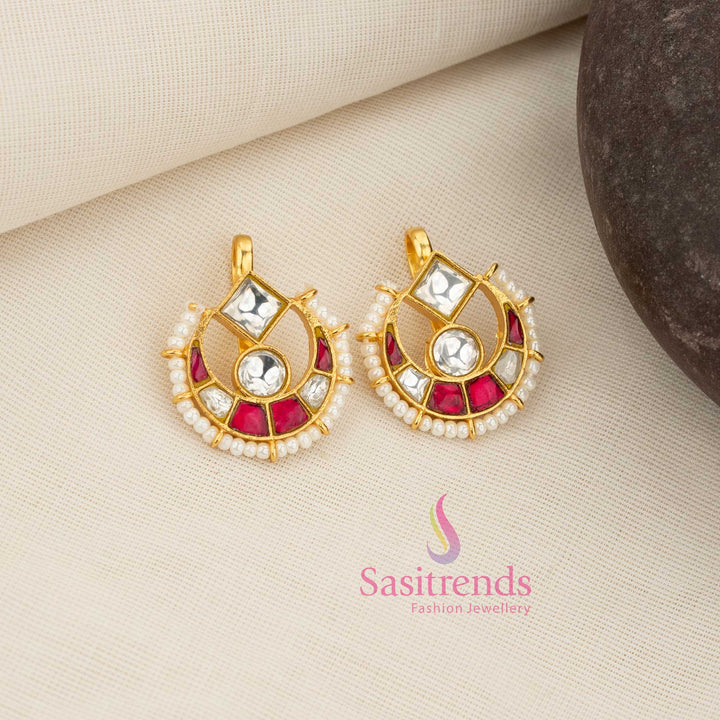 Radiant white-ruby 24K Jadau Kundan half moon bugadi earcuff earrings adorned with square and round stones and pearl danglers, ideal for wedding-related functions, grand festive styling and cultural attire - Sasitrends