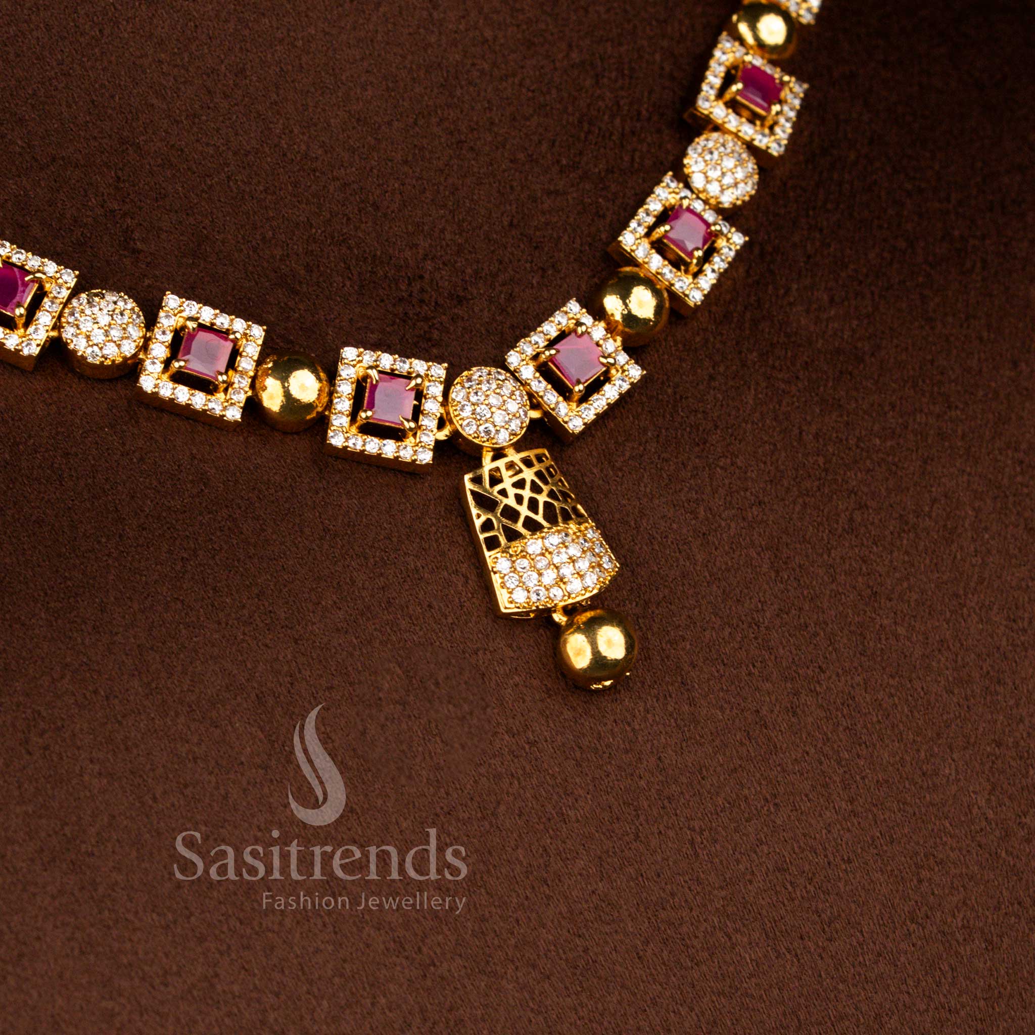 American diamond matte gold plated geometric square motif necklace featuring white and ruby stone fusion festive styling – Sasitrends