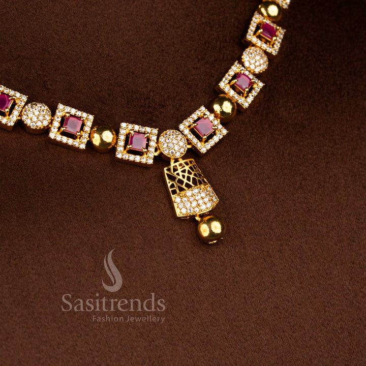 American diamond matte gold plated geometric square motif necklace featuring white and ruby stone fusion festive styling – Sasitrends