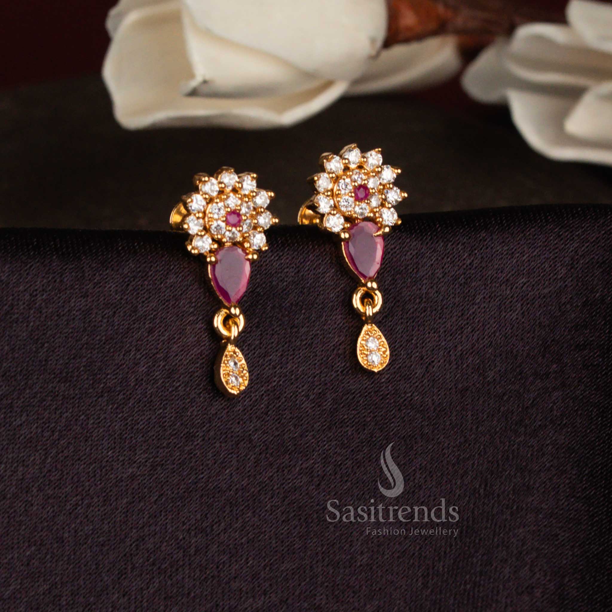 Heritage shine white ruby American diamond micro gold plated sunburst floral dangle earrings perfect for parties, cultural celebrations, and elegant traditional styling – Sasitrends