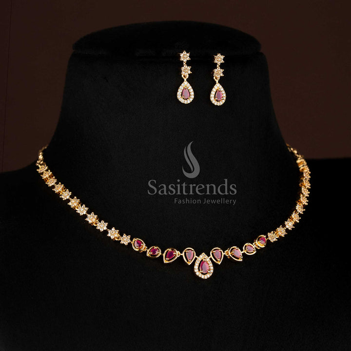 Majestic White-Ruby Teardrop Floral American Diamond Necklace, Accentuated with Micro Gold Plating for Premium Bridal and Party Jewellery – Sasitrends