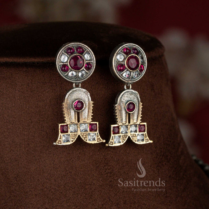 Chic white-ruby antique oxidised 92.5 silver plated Shivlinga earrings for festive styling – Sasitrends