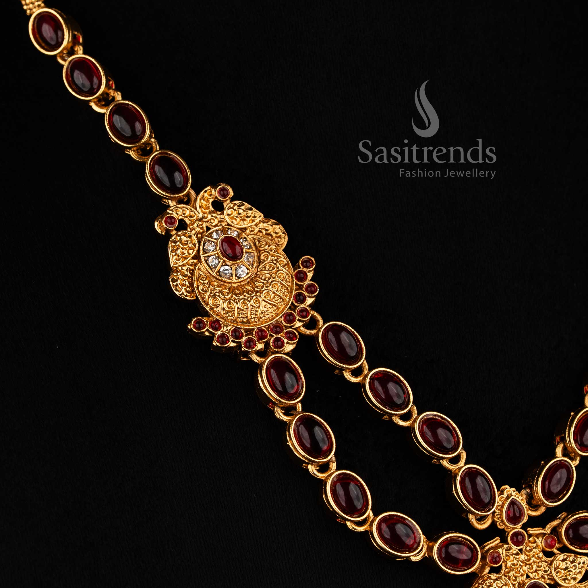 Classic matte gold plated dual peacock necklace in white-ruby with oval and teardrop stones, golden beads for family and festive wear jewellery – Sasitrends