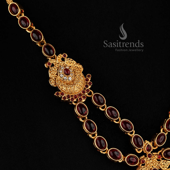Classic matte gold plated dual peacock necklace in white-ruby with oval and teardrop stones, golden beads for family and festive wear jewellery – Sasitrends
