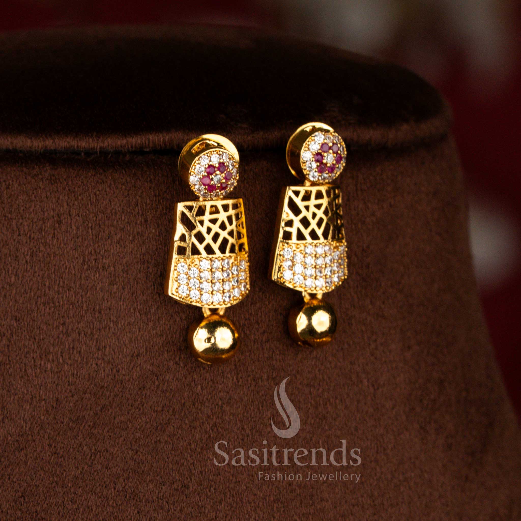 Modern square geometric American diamond earrings featuring white and ruby colour festive stone combination – Sasitrends