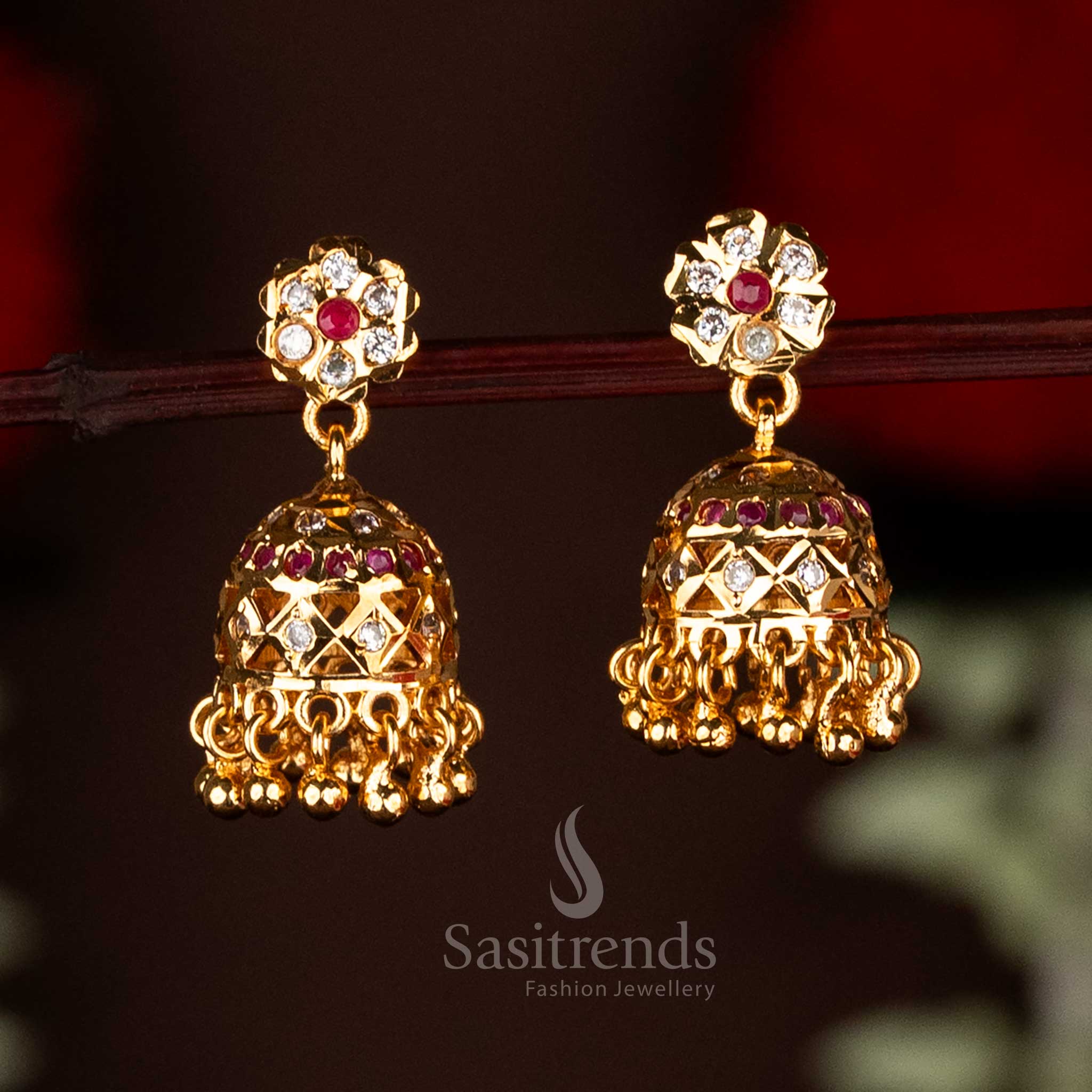 Graceful white-ruby guaranteed Impon Addigai micro gold plated AD stone flower stud top jhumka earrings, ideal for traditional festive occasions and bridal styling by Sasitrends