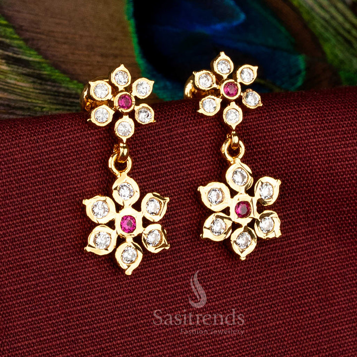White-ruby Impon Addigai micro gold plated floral earrings with 24K gold finish, perfect for festive occasions and ethnic saree styling – Sasitrends